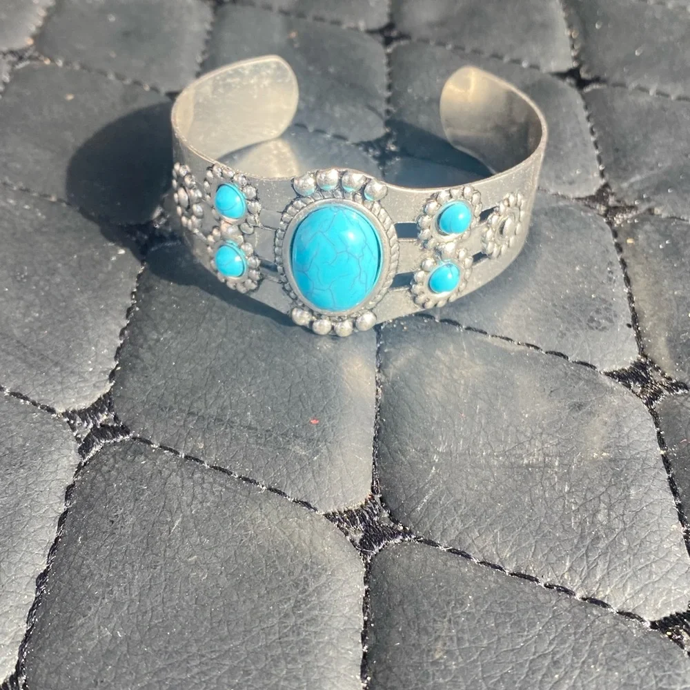 Turquoise Stone Silver-Tone Cuff Bracelet - Women Jewelry